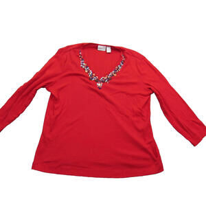 Chicos Shirt‎ Womens 2 Red Beaded Neckline 3/4 Sleeve Embellished Top Boho Chic